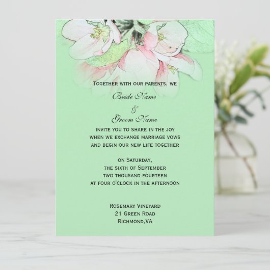 Lichte roze appelbloem voor de groene bruiloft kaart (Staand voorkant)