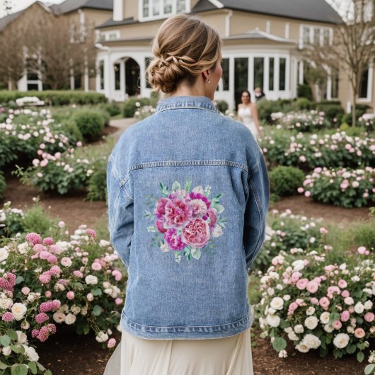Lichte roze en paarse pioenrozen denim jacket (Huwelijk Achterkant)