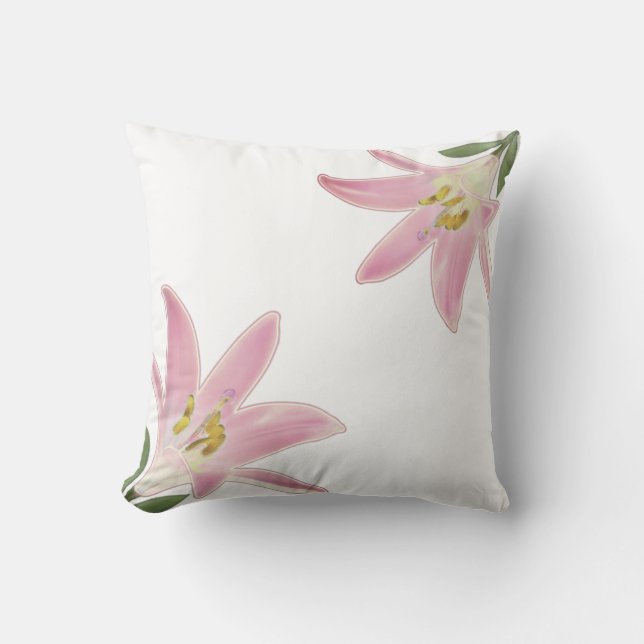Lichte Roze Gouden Amaryllis Bloemen op Wit Kussen (Voorkant)