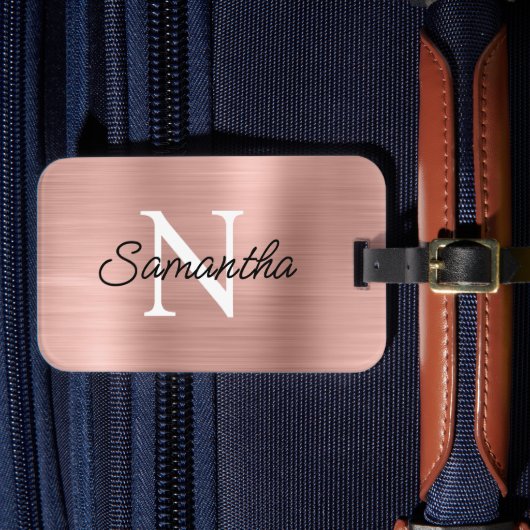 Lichte Roze Gouden Nep Metallic Folie Monogram Bagagelabel (Voorkant Insitu 4)