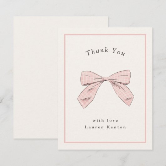 Lichte roze roodkarierte strik elegante baby showe bedankkaart (Voorkant / Achterkant)