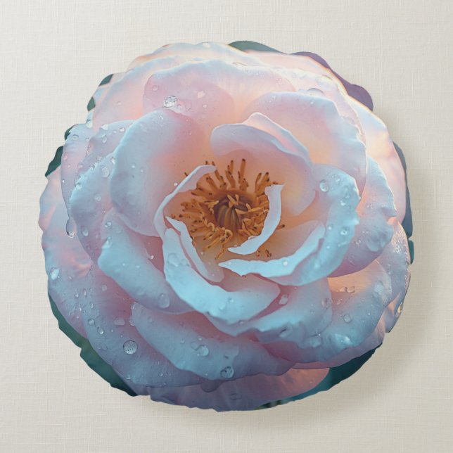 Lichte Roze Roos Met Dauw Rond Kussen (Voorkant)