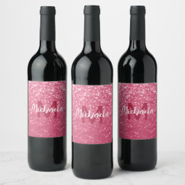 Lichte roze roos nepschittering glitters Monogram Wijn Etiket