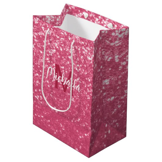 Lichte roze roos nepsparkling glitters Monogram Medium Cadeauzakje (Voorkant Gekanteld)
