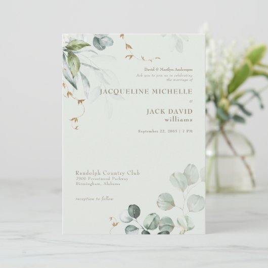 Lichte Sage Elegantie Bruid Ouders Bruiloft Kaart (Staand voorkant)