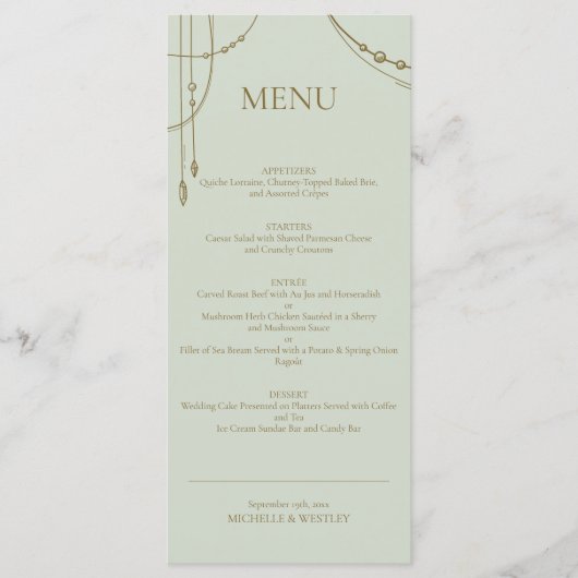 Lichte salie groene Boho Draped kralen bruiloft Menu (Voorkant)