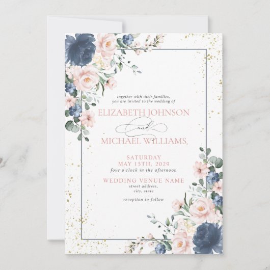 Lichte Stof Blauwe Blos Witte Roze Gouden Bloem Fo Kaart (Voorkant)