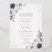 Lichte Stofblauwe Blosroze Bloemige Zilveren Bruil Folie Uitnodiging (Voorkant)