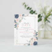 Lichte Stofblauwe Blosroze Gouden Bloemige Uitstel Feestdagenkaart (Staand voorkant)