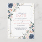 Lichte Stofblauwe Blosroze Gouden Bloemige Uitstel Feestdagenkaart (Voorkant)