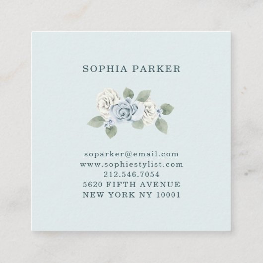 Lichte stoffige blauwe bloemen en eucalyptus vierkante visitekaartje (Achterkant)