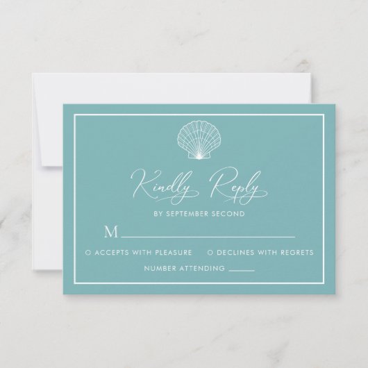 Lichte Teal Blauwe Strand Schelp Elegante Trouwdag RSVP Kaartje (Voorkant)