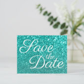 Lichte Teal Bokeh Glitter Save the Date Briefkaart (Staand voorkant)