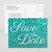 Lichte Teal Bokeh Glitter Save the Date Briefkaart (Voorkant / Achterkant)