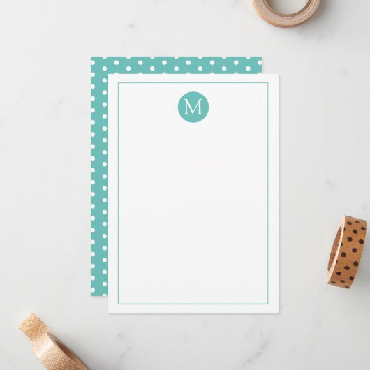 Lichte Teal en Witte Stip Monogram Notitiekaartje (Voorkant / Achterkant in situ)