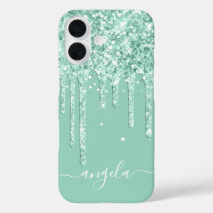 Lichte Teal Glitter Drips Glam Handtekening iPhone 16 Hoesje