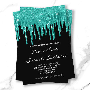 Lichte Teal Glitter Folie Drip Zwart Sweet Sixteen Kaart