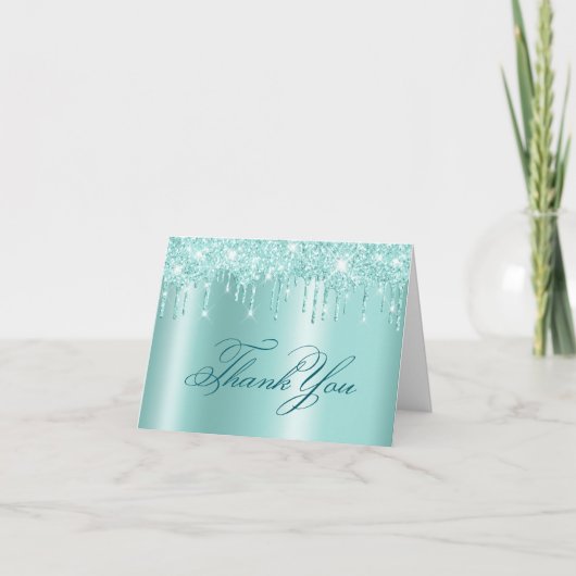 Lichte Teal Glitterdruppels Glans Bedankkaart (Voorkant)
