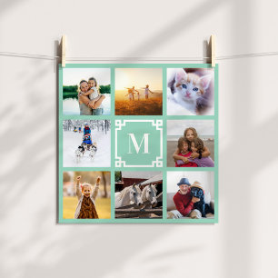 Lichte Teal Griekse Sleutel Monogram 8 Foto Collag Perfect Poster