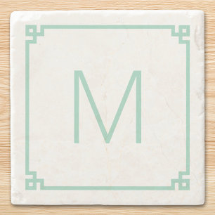Lichte Teal Griekse Sleutelrand Monogram Stenen Onderzetter