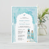 Lichte Teal Waterverf Boog Frame Sikh Huwelijk Kaart (Staand voorkant)