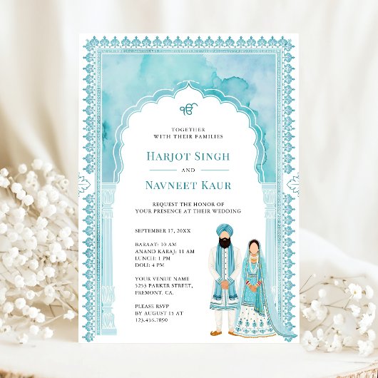 Lichte Teal Waterverf Boog Frame Sikh Huwelijk Kaart