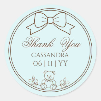 Lichte turquoise gepersonaliseerde teddybeer strik ronde sticker