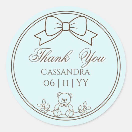 Lichte turquoise gepersonaliseerde teddybeer strik ronde sticker (Voorkant)