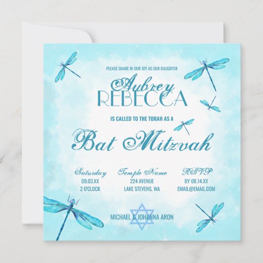 Lichte turquoise libellen Bat Mitzvah Kaart (Voorkant)