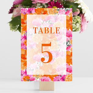 Lichte vervaagde roze oranje bloemtafel 5 bruiloft kaart