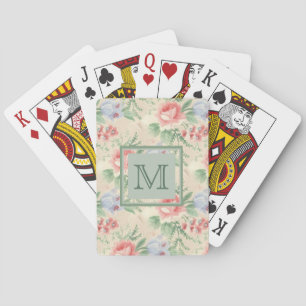 Lichte vintage roze bloempatroonmonogram pokerkaarten