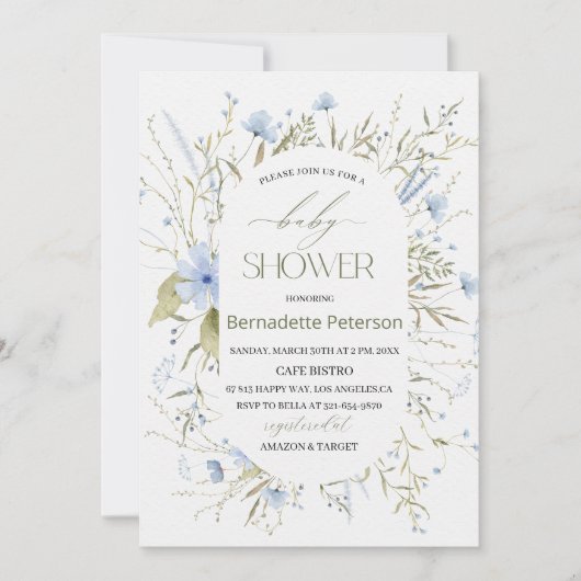Lichte Waterverf Blauwe Wildbloemen BabyInvitation Kaart (Voorkant)