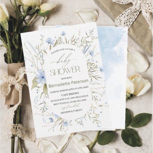 Lichte Waterverf Blauwe Wildbloemen BabyInvitation Kaart