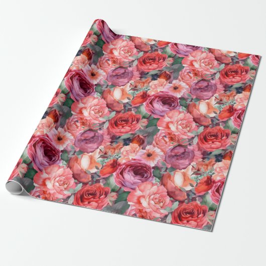 Lichte Waterverf Rozen Wrapping Paper Roll Cadeaupapier (Uitgerold)