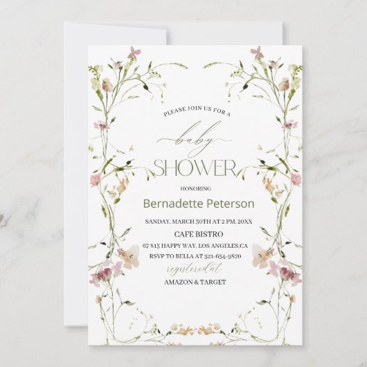 Lichte Waterverf Wildflower Baby shower Kaart (Voorkant)