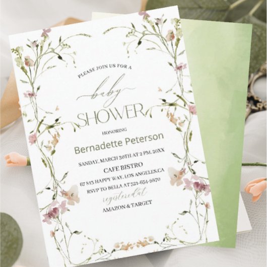 Lichte Waterverf Wildflower Baby shower Kaart