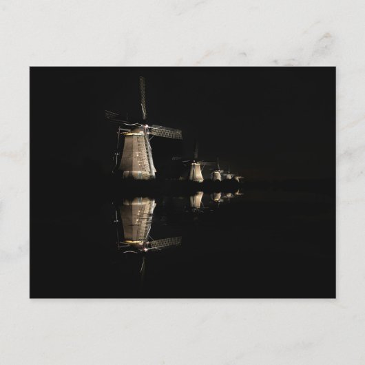 Lichte windmolens in het briefkaart Kinderdijk (Voorkant)