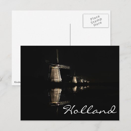 Lichte windmolens in het briefkaart Kinderdijk (Voorkant / Achterkant)