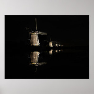 Lichte windmolens, Kinderdijk bij nachtelijk poste Poster