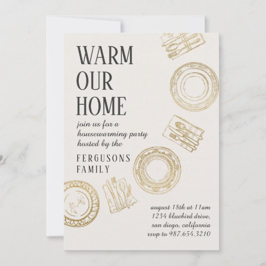 Lichte zachte beige gouden eetkamer housewarmingfe kaart (Voorkant)
