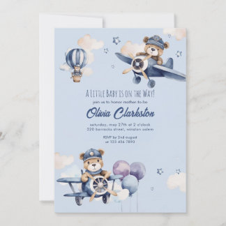Lichte zachte blauwe teddybeer vliegtuig baby show kaart