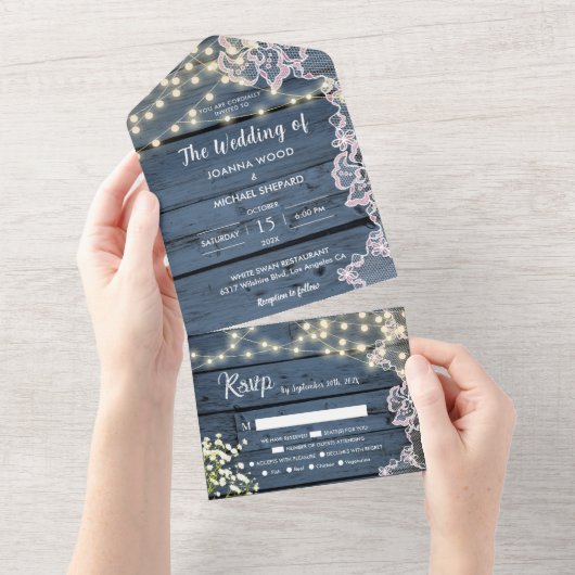 Lichten Baby's Breath & Houten Blauwe Kant All-inc All In One Uitnodiging (Afscheurbaar)