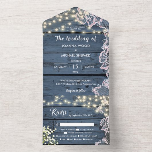 Lichten Baby's Breath & Houten Blauwe Kant All-inc All In One Uitnodiging (Binnen)