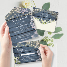 Lichten Baby's Breath & Lace Marineblauw Hout All In One Uitnodiging