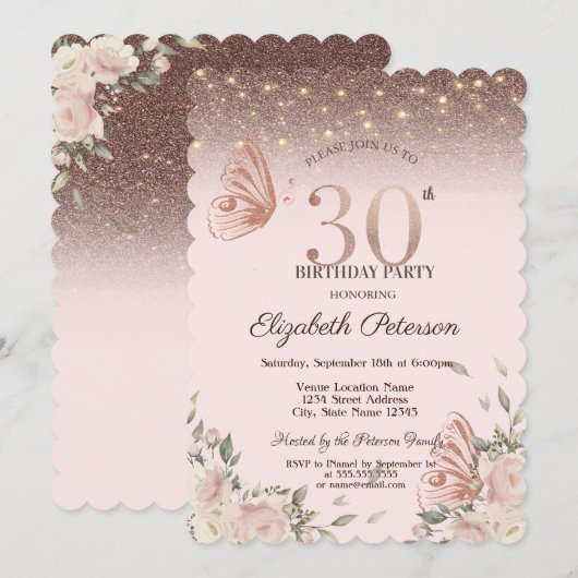 Lichten, bloemen glitter vlinders 30e verjaardag kaart (Voorkant / Achterkant)