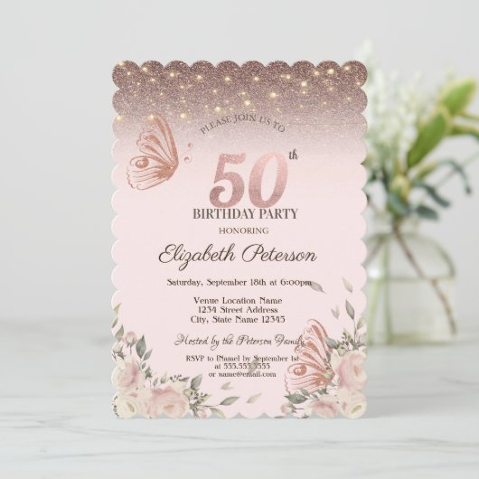 Lichten, bloemen glitter vlinders 50e verjaardag kaart (Staand voorkant)