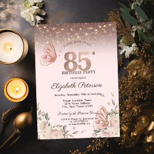 Lichten, bloemen glitter vlinders 85e verjaardag kaart