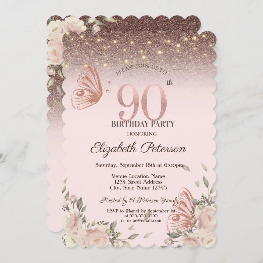 Lichten, bloemen glitter vlinders 90ste verjaardag kaart (Voorkant / Achterkant)