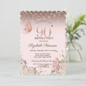 Lichten, bloemen glitter vlinders 90ste verjaardag kaart (Staand voorkant)