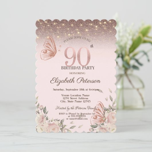 Lichten, bloemen glitter vlinders 90ste verjaardag kaart (Staand voorkant)